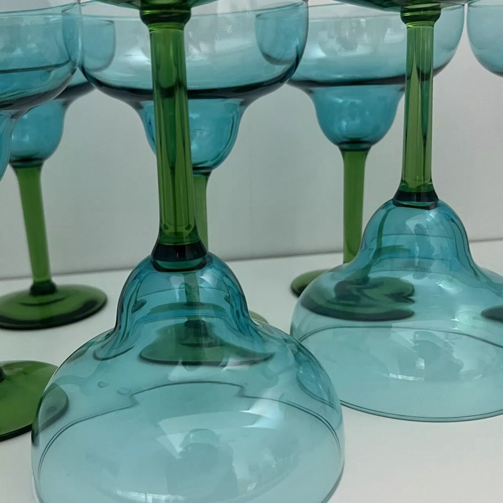 Set of 8 Hand Blown Glass Margarita Glasses with Blue Bowls & Green Stems - Picture 5 of 9